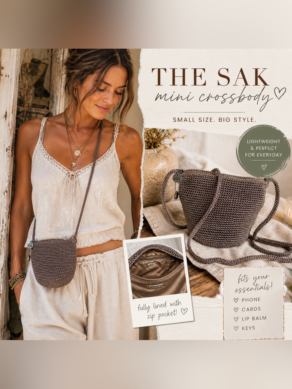 The Sak Crochet Mini Crossbody Bag Taupe Neutral Small Purse Boho Woven